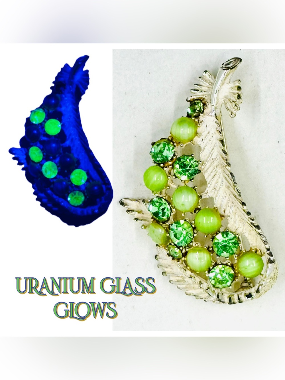 Vintage Silver Tone White Enamel Green Crystal & Uranium Glass Leaf Brooch